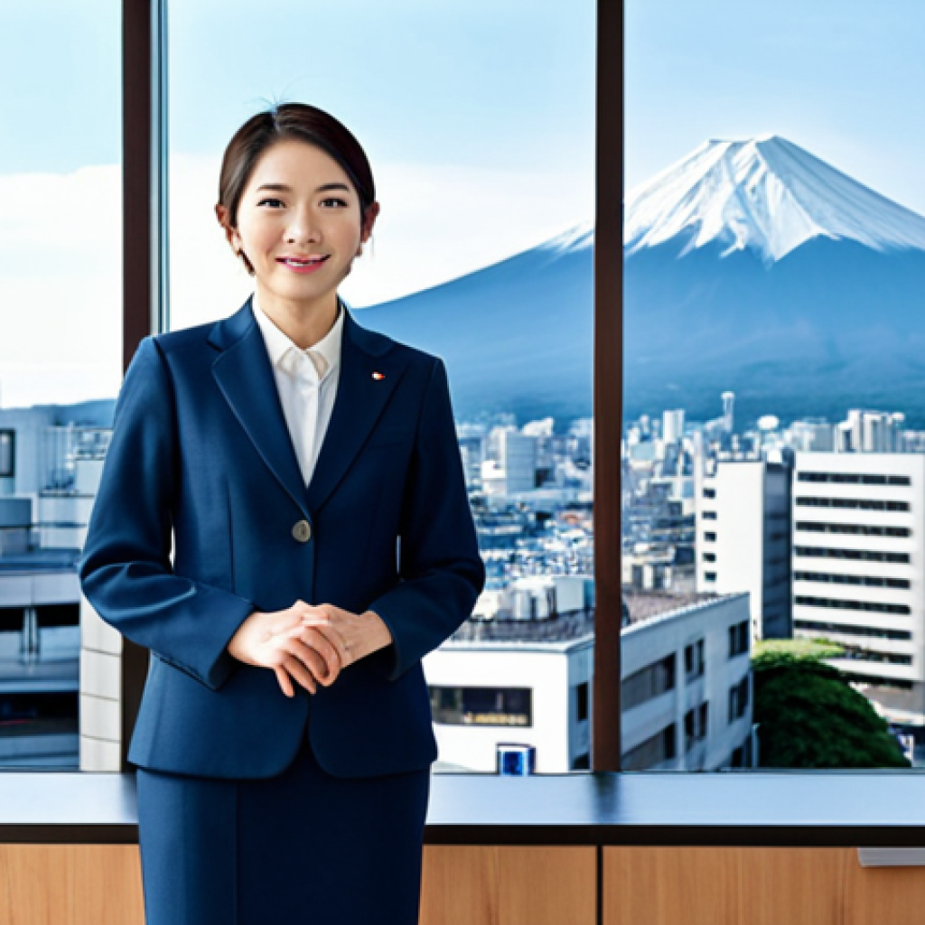 **

A professional Japanese businesswoman in a modest business suit, standing confidently in a modern Tokyo office with Mount Fuji visible through the window, fully clothed, appropriate attire, safe for work, perfect anatomy, natural proportions, professional photography, high quality, family-friendly.

**