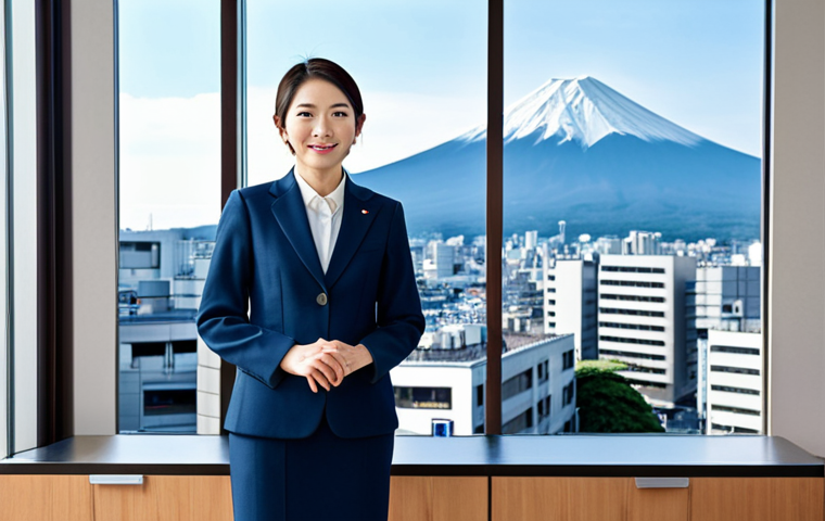 **

A professional Japanese businesswoman in a modest business suit, standing confidently in a modern Tokyo office with Mount Fuji visible through the window, fully clothed, appropriate attire, safe for work, perfect anatomy, natural proportions, professional photography, high quality, family-friendly.

**