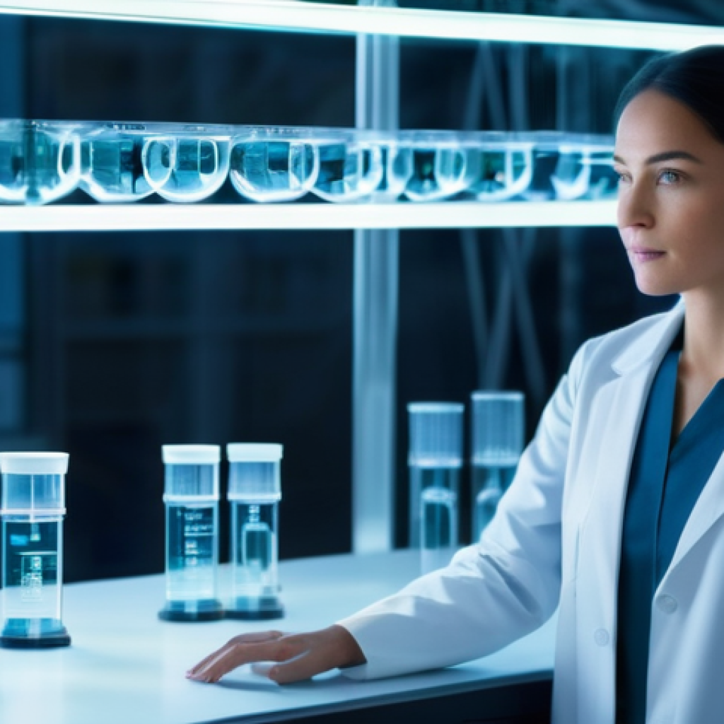 양자컴퓨터와 물리학 시뮬레이션 - "A brilliant female researcher, dressed in a sleek, modern lab coat, stands in a futuristic, brightl...