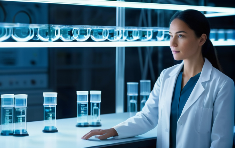 양자컴퓨터와 물리학 시뮬레이션 - "A brilliant female researcher, dressed in a sleek, modern lab coat, stands in a futuristic, brightl...