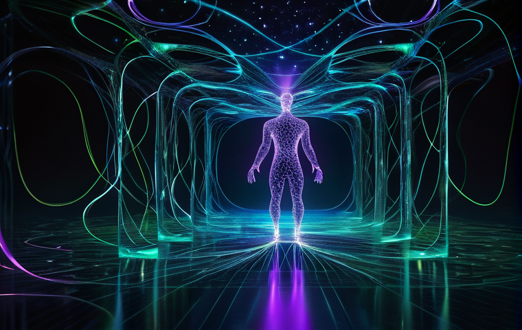 양자컴퓨터와 물리학 시뮬레이션 - "An innovative male engineer, wearing clean, smart casual work attire, interacts with a large, trans...