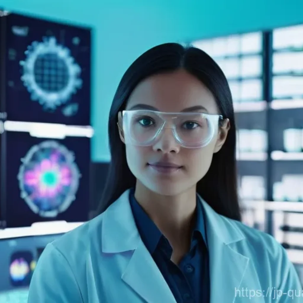양자화학의 실용화 - **Prompt:** A futuristic, bright laboratory where a diverse team of scientists, wearing clean lab co...
