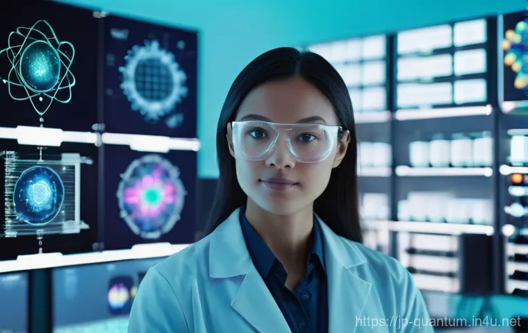 양자화학의 실용화 - **Prompt:** A futuristic, bright laboratory where a diverse team of scientists, wearing clean lab co...