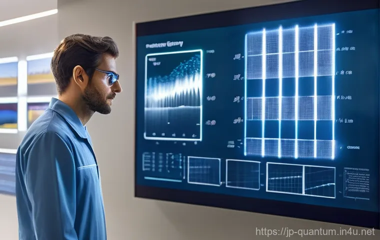 양자화학의 실용화 - **Prompt:** A futuristic, bright laboratory where a diverse team of scientists, wearing clean lab co...