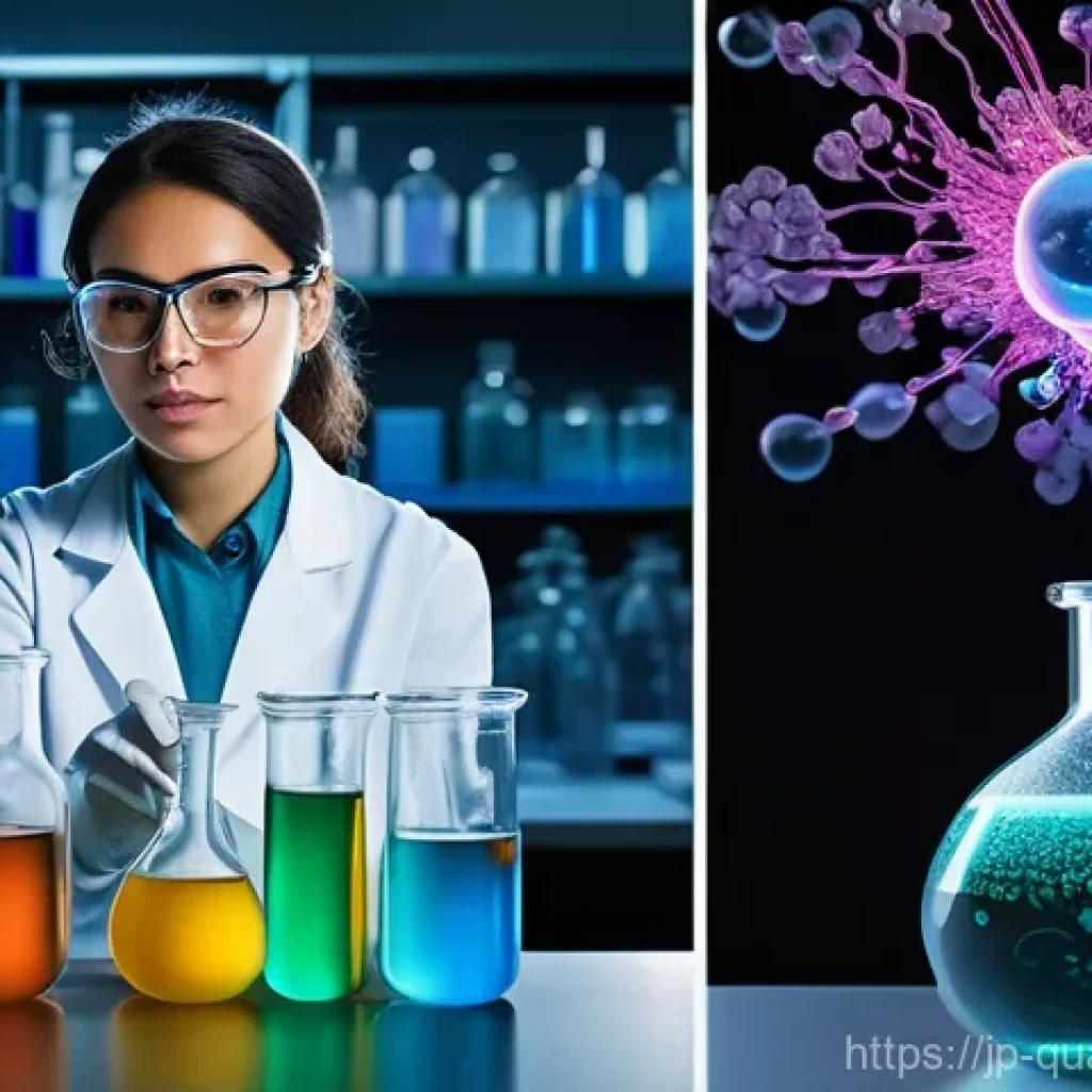 양자화학과 전통 화학 비교 - **Prompt:** A visually striking split image contrasting classical and quantum chemistry. On the left...