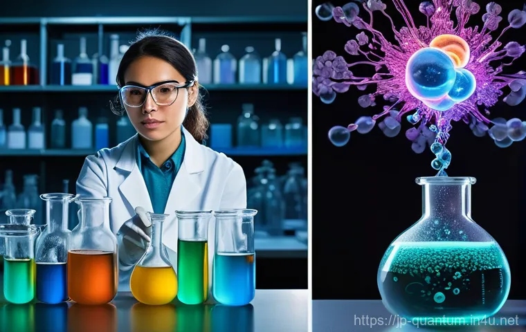양자화학과 전통 화학 비교 - **Prompt:** A visually striking split image contrasting classical and quantum chemistry. On the left...