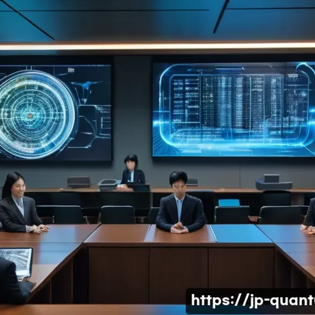 양자컴퓨터의 법적 규제 - A futuristic courtroom scene in Japan, featuring a diverse group of professionals including lawyers ...