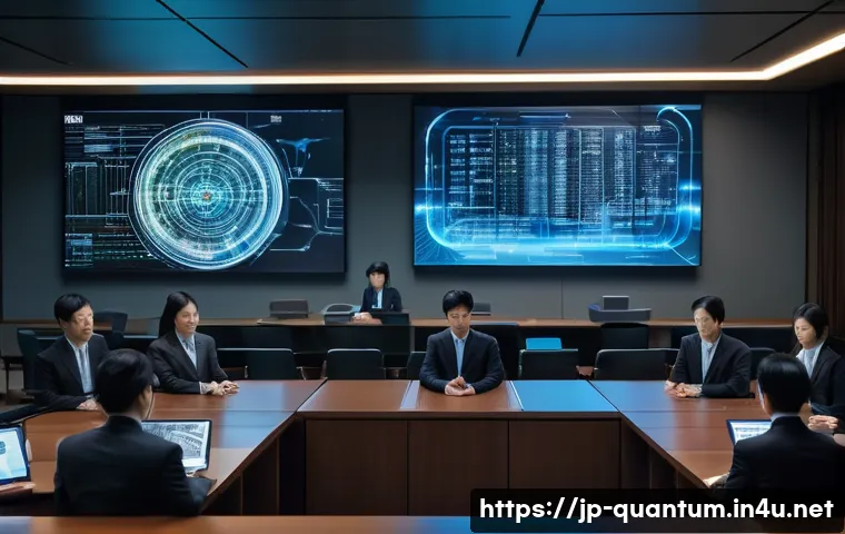 양자컴퓨터의 법적 규제 - A futuristic courtroom scene in Japan, featuring a diverse group of professionals including lawyers ...