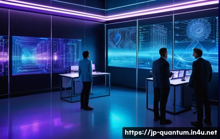 양자컴퓨터와 통계 모델링 - A futuristic quantum computer lab scene, showing scientists in modern casual attire working with adv...