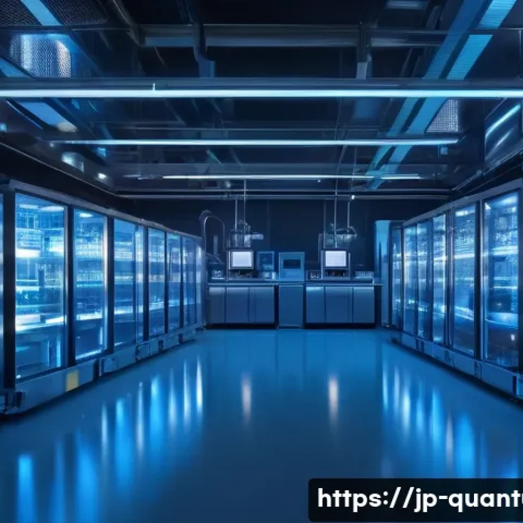 양자컴퓨터와 환경적 영향 - A high-tech quantum computer laboratory scene showcasing a large dilution refrigerator cooling syste...