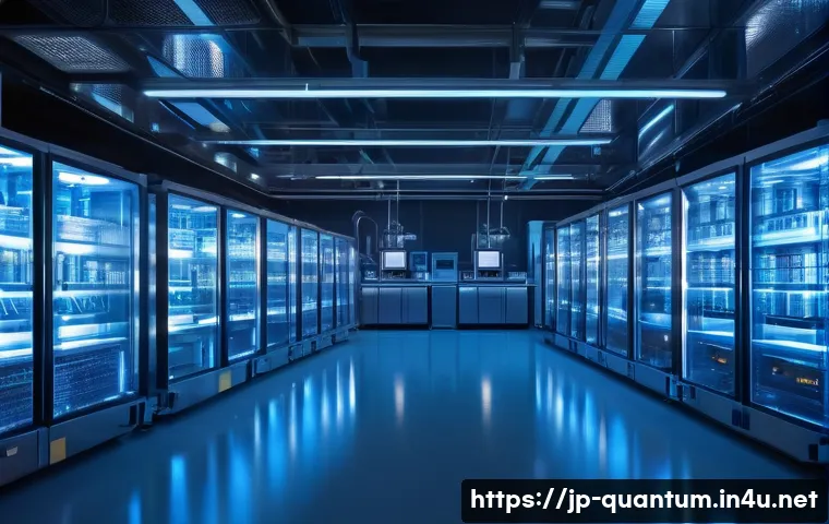 양자컴퓨터와 환경적 영향 - A high-tech quantum computer laboratory scene showcasing a large dilution refrigerator cooling syste...