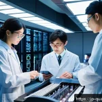 양자컴퓨터의 역사 - A futuristic quantum computing laboratory scene set in Japan, featuring a diverse group of scientist...