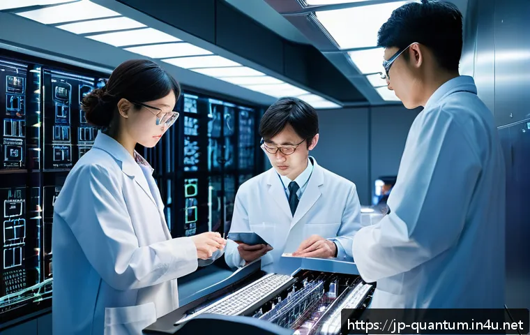 양자컴퓨터의 역사 - A futuristic quantum computing laboratory scene set in Japan, featuring a diverse group of scientist...