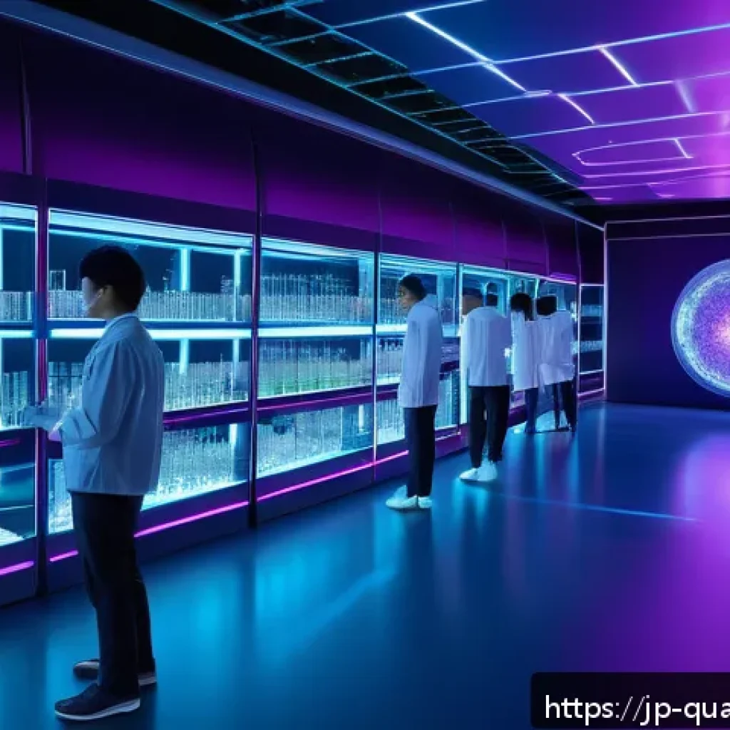 양자화학의 실험 - A highly detailed futuristic laboratory scene showcasing molecular quantum bits (qubits) in vibrant ...
