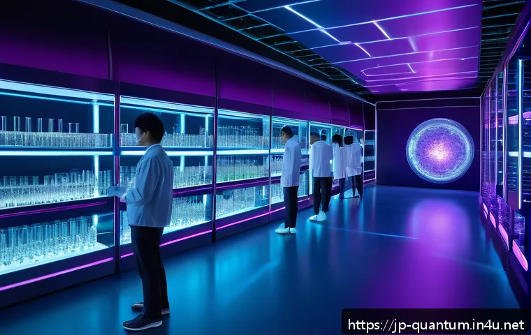 양자화학의 실험 - A highly detailed futuristic laboratory scene showcasing molecular quantum bits (qubits) in vibrant ...