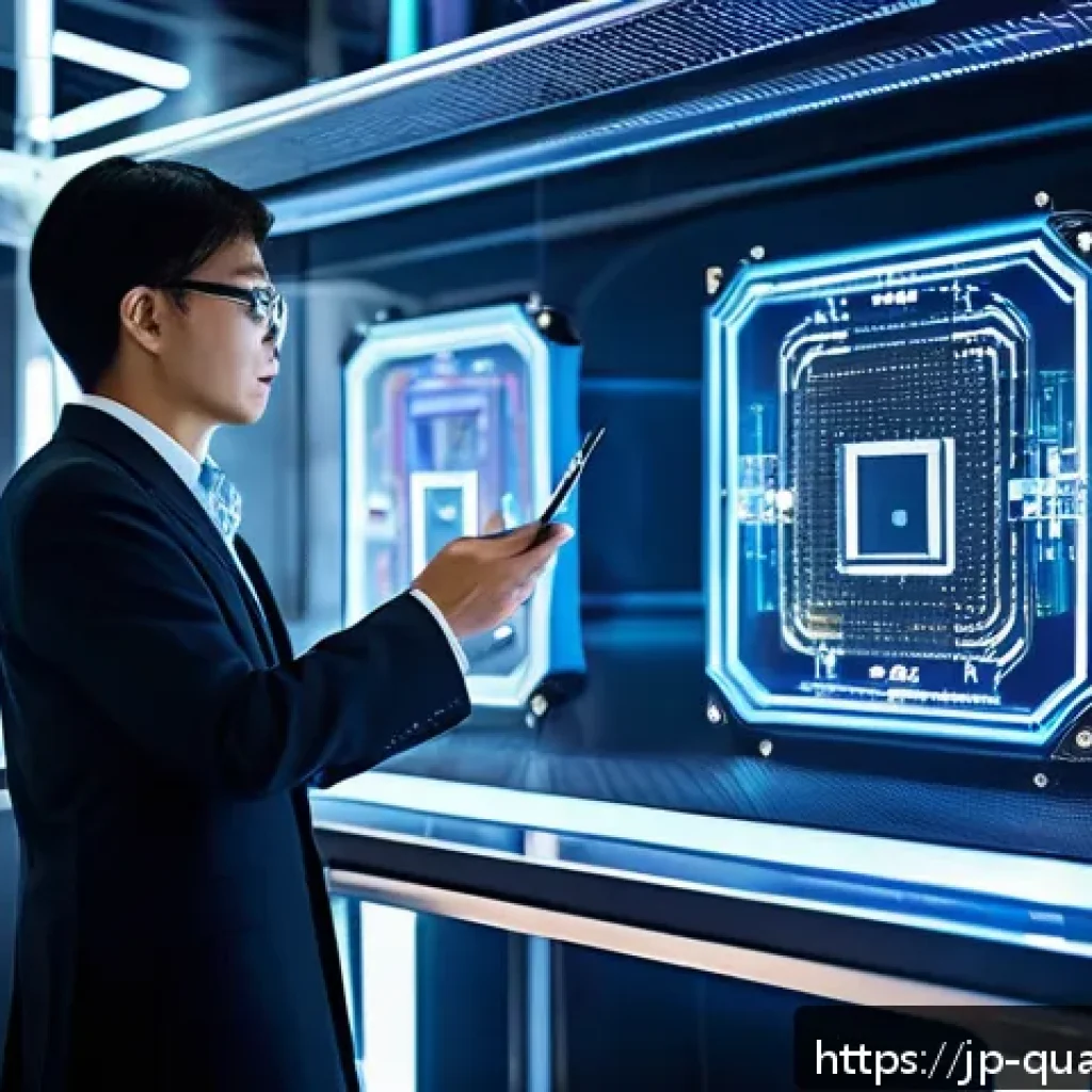 양자컴퓨터의 사회적 영향 - A futuristic quantum computer lab scene in Japan, featuring sleek superconducting quantum processors...