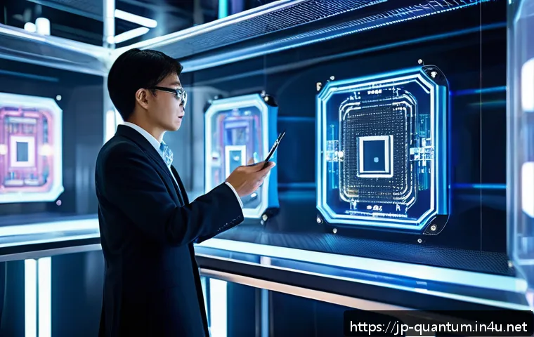 양자컴퓨터의 사회적 영향 - A futuristic quantum computer lab scene in Japan, featuring sleek superconducting quantum processors...