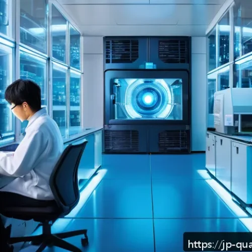 양자컴퓨터 시장의 발전 가능성 - A futuristic laboratory scene showcasing a sleek quantum computer with glowing superconducting qubit...