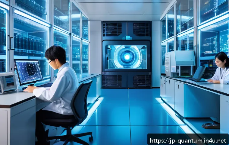 양자컴퓨터 시장의 발전 가능성 - A futuristic laboratory scene showcasing a sleek quantum computer with glowing superconducting qubit...