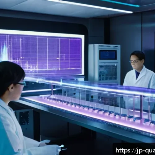 양자컴퓨터의 기술적 도전 - A futuristic laboratory scene showcasing a superconducting quantum bit device operating at ultra-low...