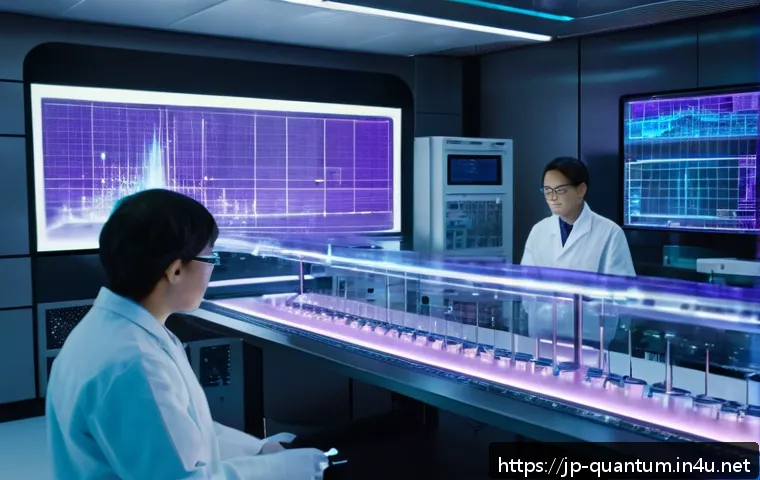양자컴퓨터의 기술적 도전 - A futuristic laboratory scene showcasing a superconducting quantum bit device operating at ultra-low...