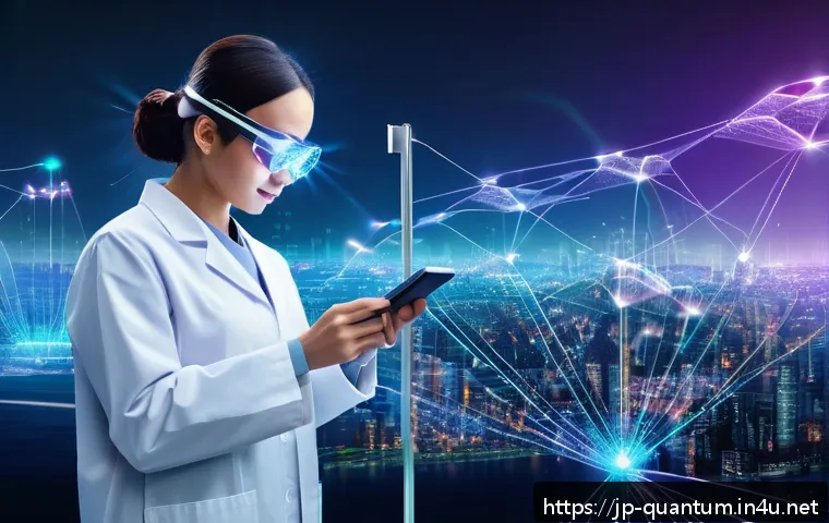 양자광학과 전자기학 - A futuristic quantum communication network visualization, featuring glowing entangled photons travel...