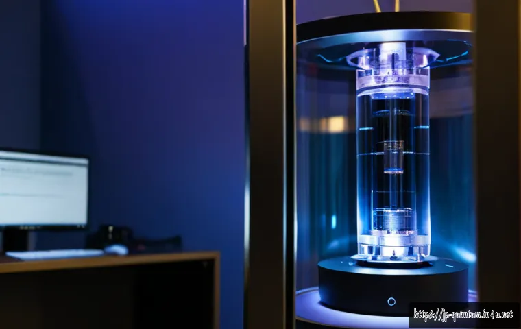 양자컴퓨터와 머신러닝 - Photorealistic quantum computing laboratory, a sleek cryogenic quantum processor inside a transparen...