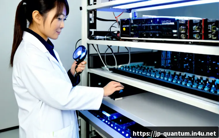 양자통신 장비 - Photorealistic quantum communication equipment in a pristine Japanese research laboratory, a compact...